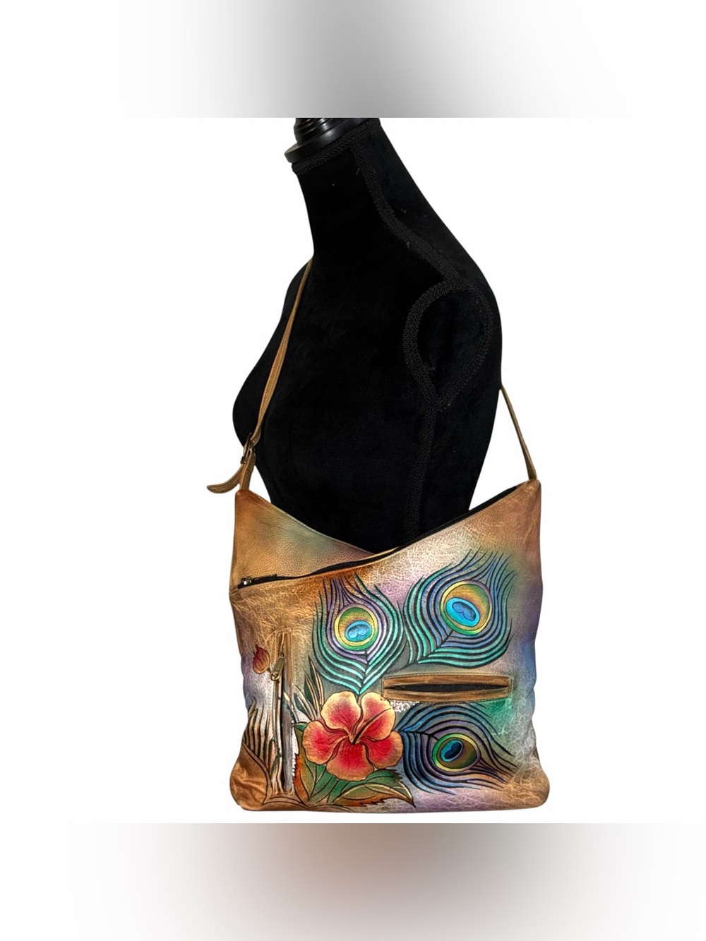 Anuschka Hand-Painted Peacock Feather Leather Crossbody Bag Concealed Carry
